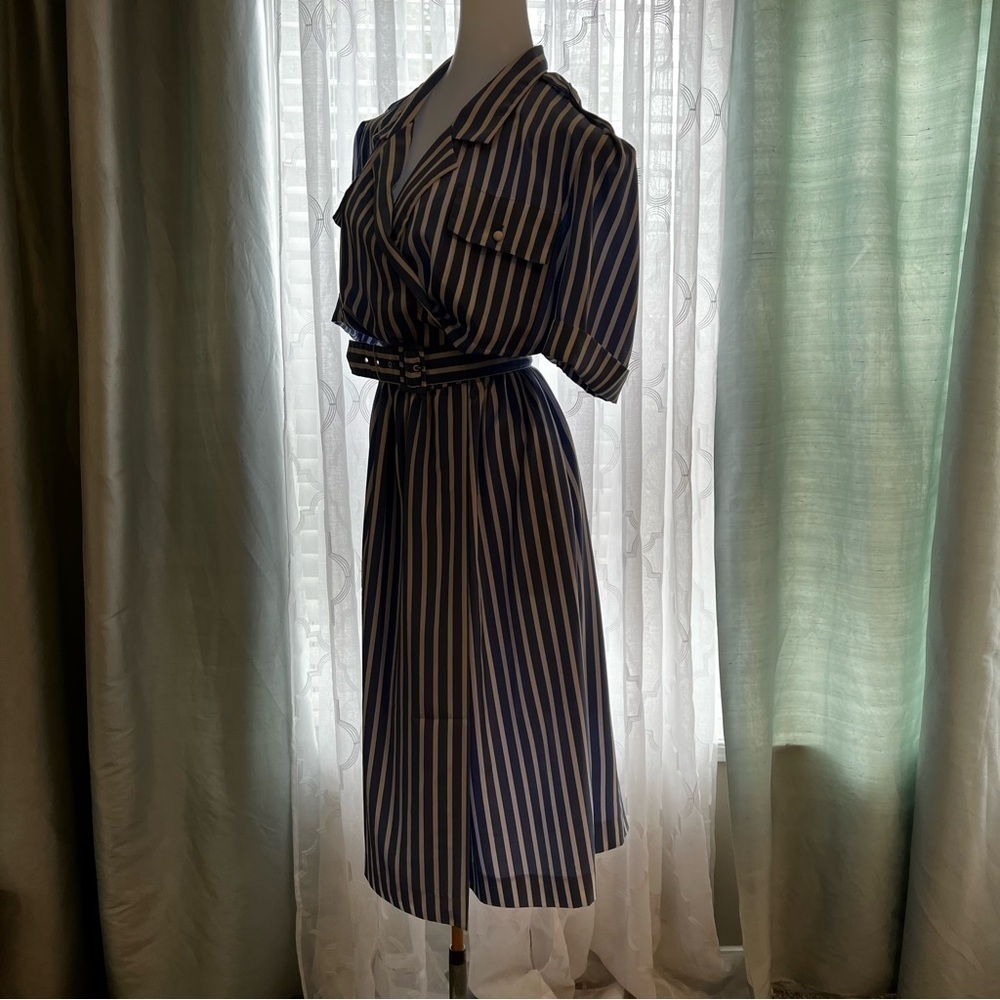 True 80sVintage DIANE VON FURSTENBERG Blue White Strips DVF Midi Wrap Dress 12 - Picture 13 of 17